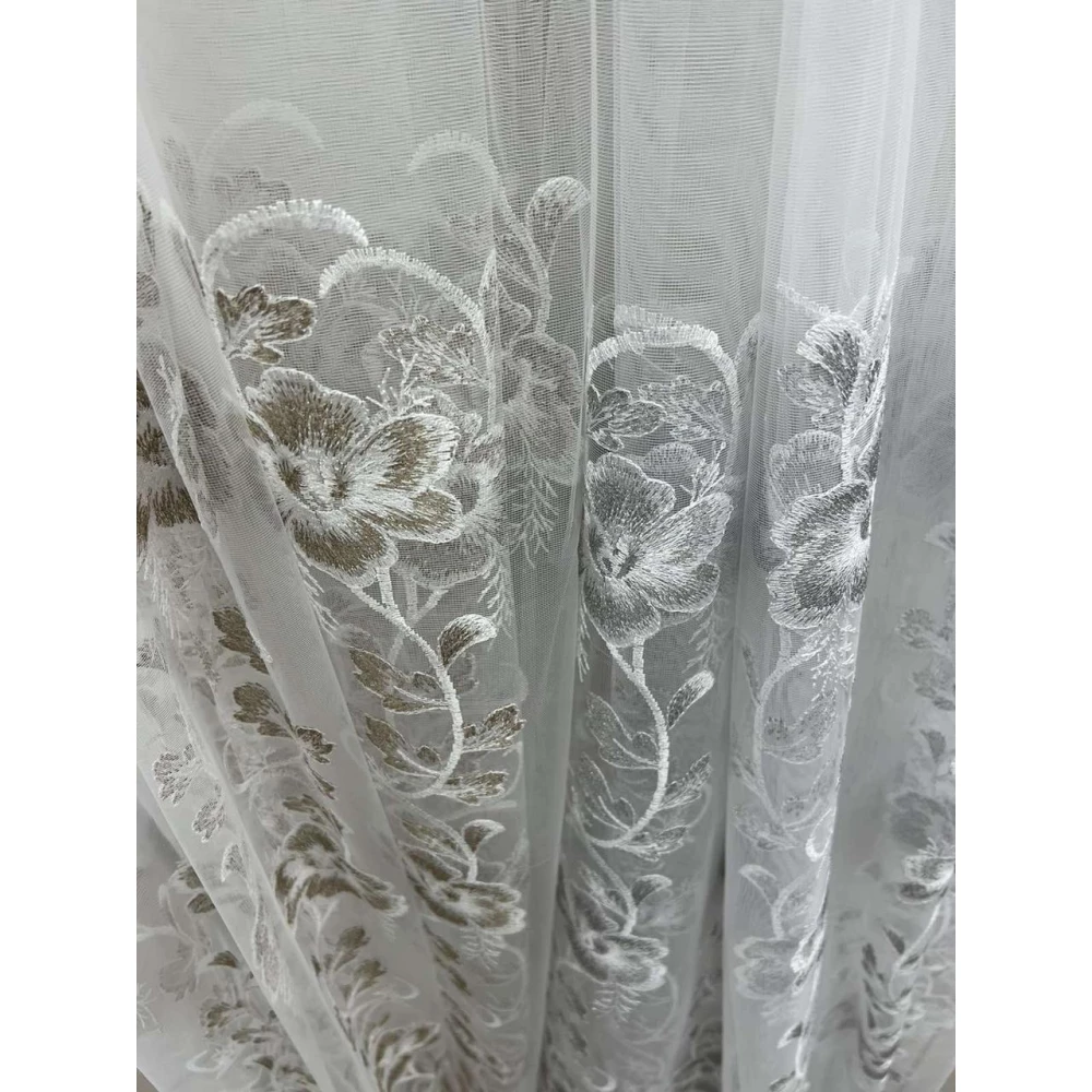 Фатиновый тюль с цветочной вышивкой №1666 коричневый