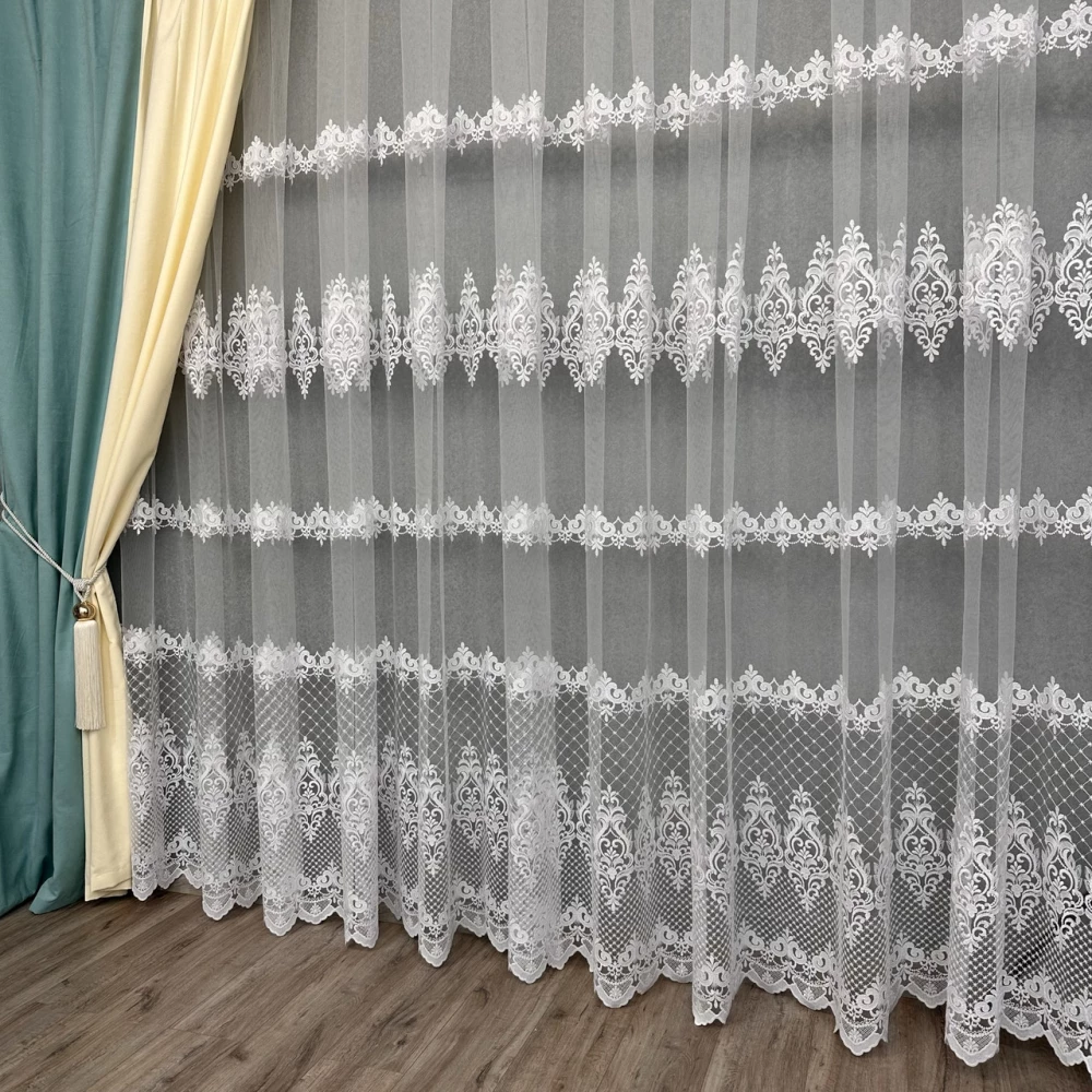 М'який фатиновий тюль з густою вишивкою №16241 білий