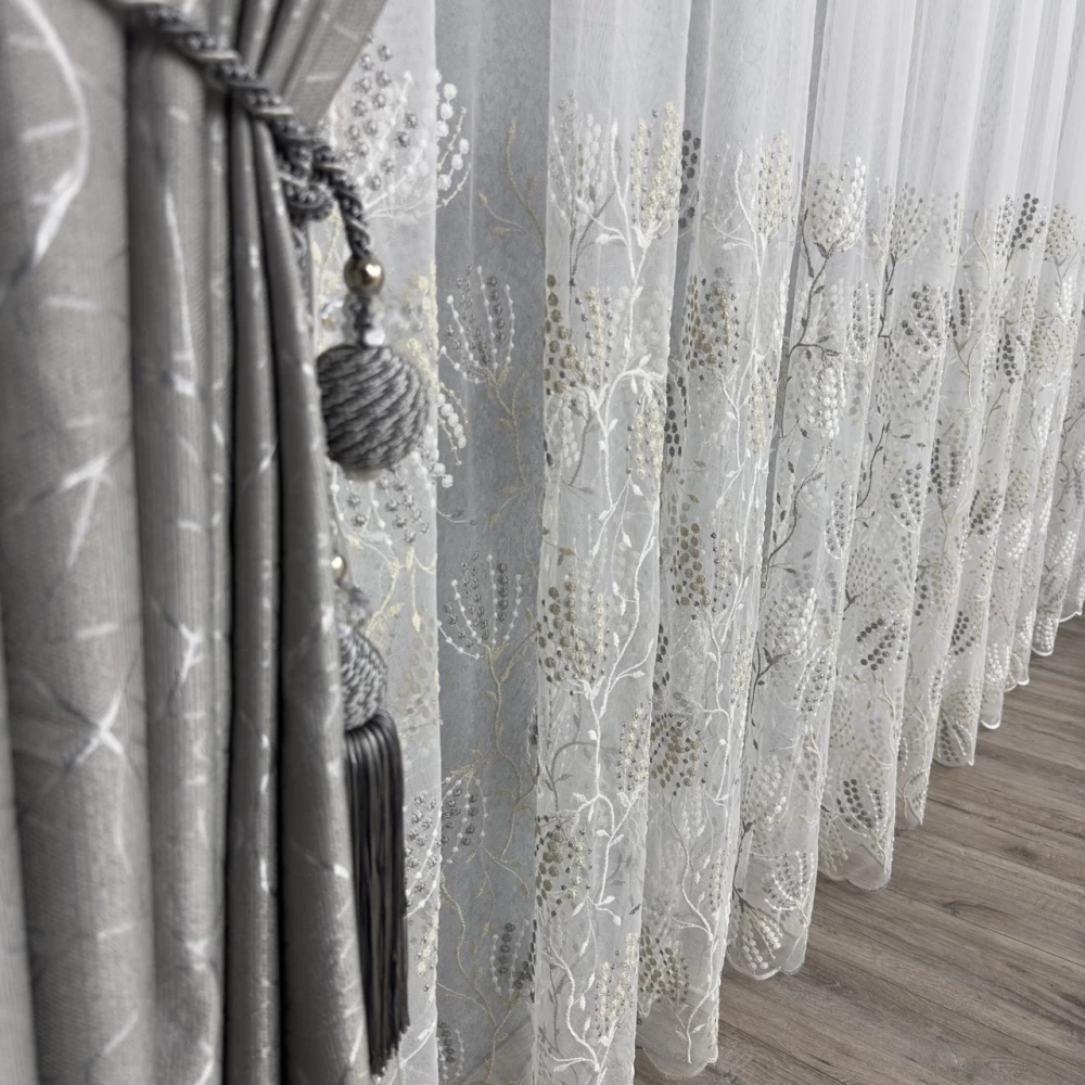 Тюль грек-сітка з вишивкою No2604 для спальні, вітальні сірий беж