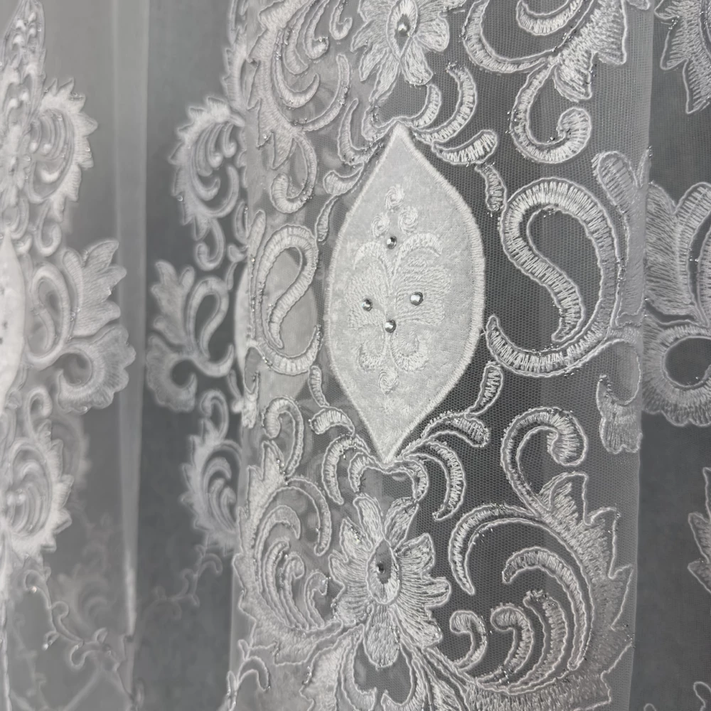 Тюль грек-сетка с камнями и кордовой вышивкой №34064 