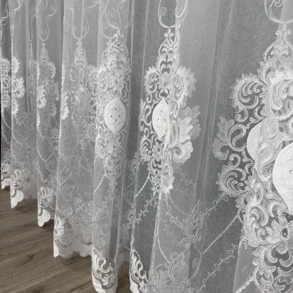 Тюль грек-сетка с камнями и кордовой вышивкой №34064 