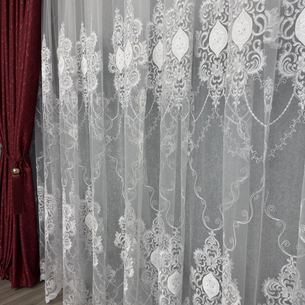 Тюль грек-сетка с камнями и кордовой вышивкой №34064 