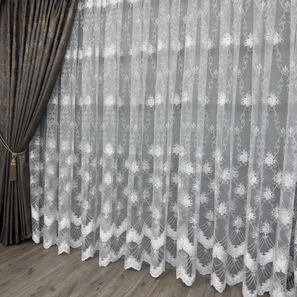 Тюль фатин-сітка з камінням і оксамитовими вставками №20969