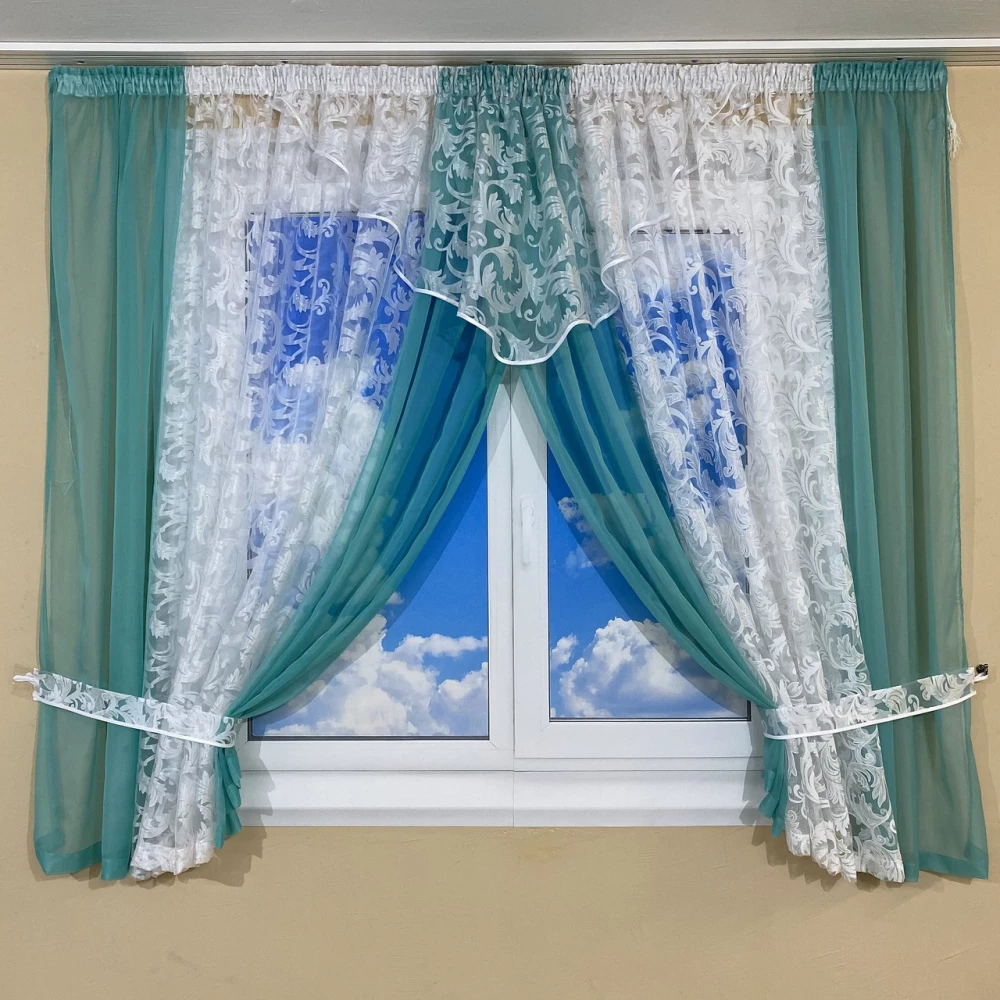 Фіранка на кухню зі шторками №445 бирюза